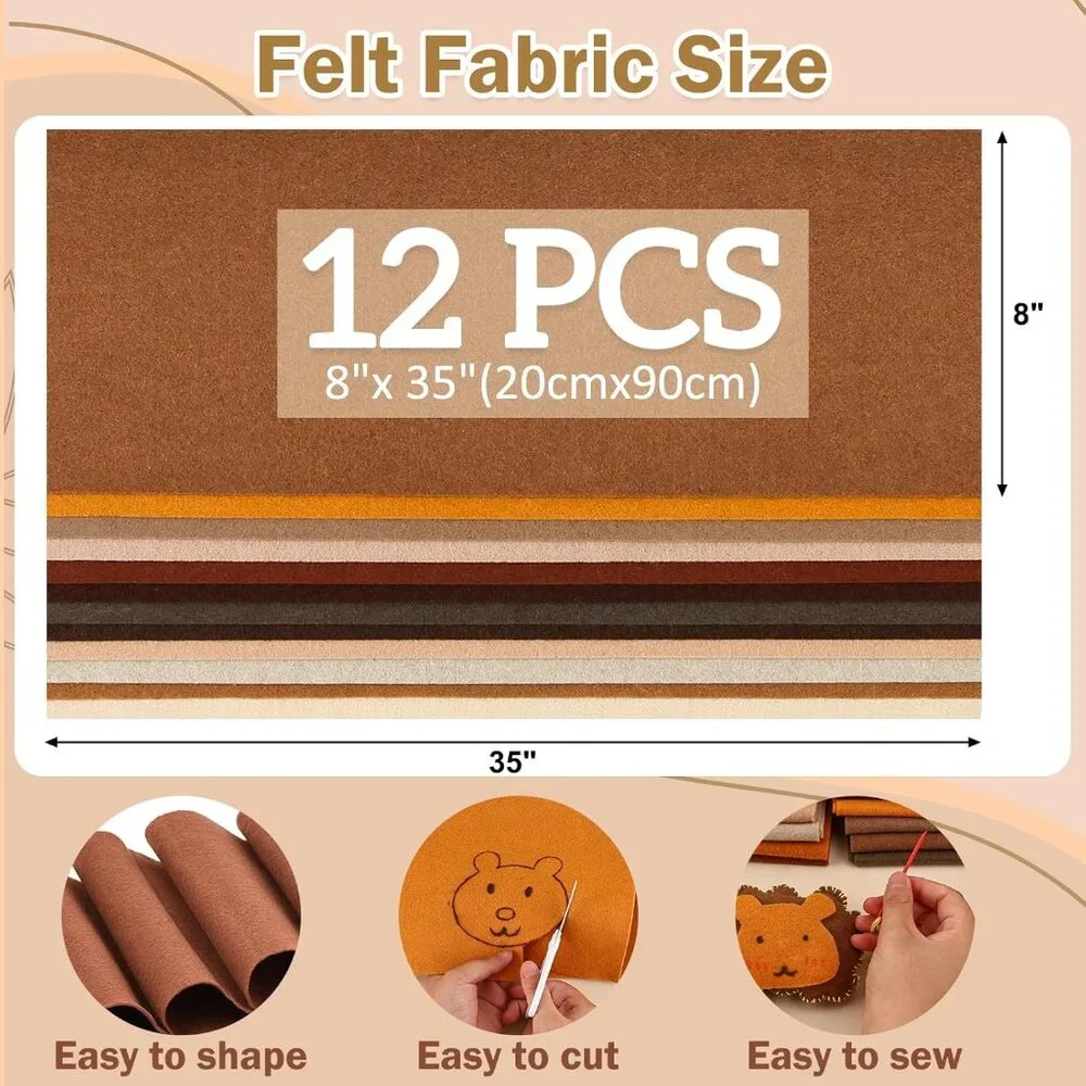 12 Sheets Fabric Felt Assorted Brown Tones Bundle DIY Craft Sewing Squares Nonwo